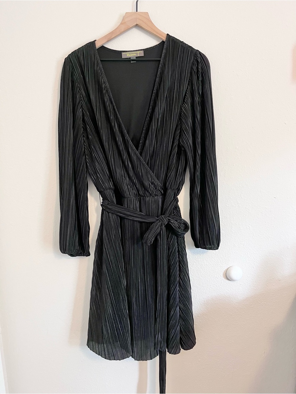 Melonie T Black Fit & Flare Dress 18W Long Sleeve accordion pleat Tie Waist